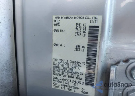 2012 Nissan Altima 2.5 S z USA, uszkodzony, nr VIN 1N4AL2AP0CC184058